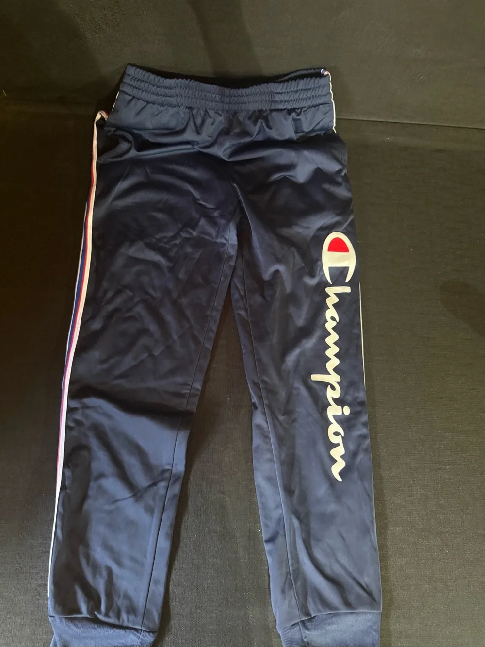 Champion Navy Joggers with White Script and Red Logo Detail